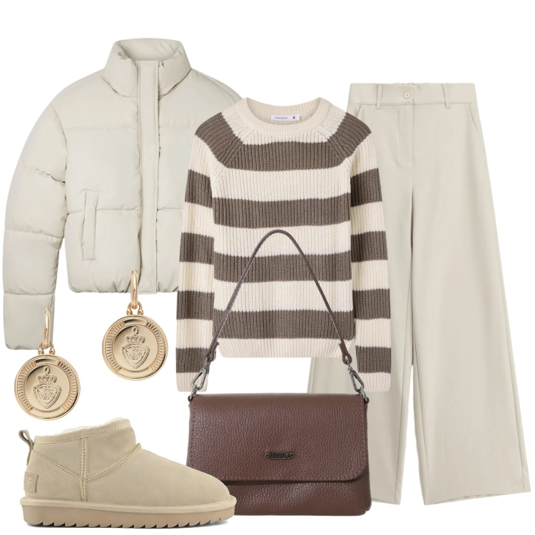 Outfit donna - Cozy chic. Stile Casual chic per Tutti i giorni. Abbinamento con bomber, maglieria, pantaloni a palazzo, borse a tracolla, orecchini, stivali.