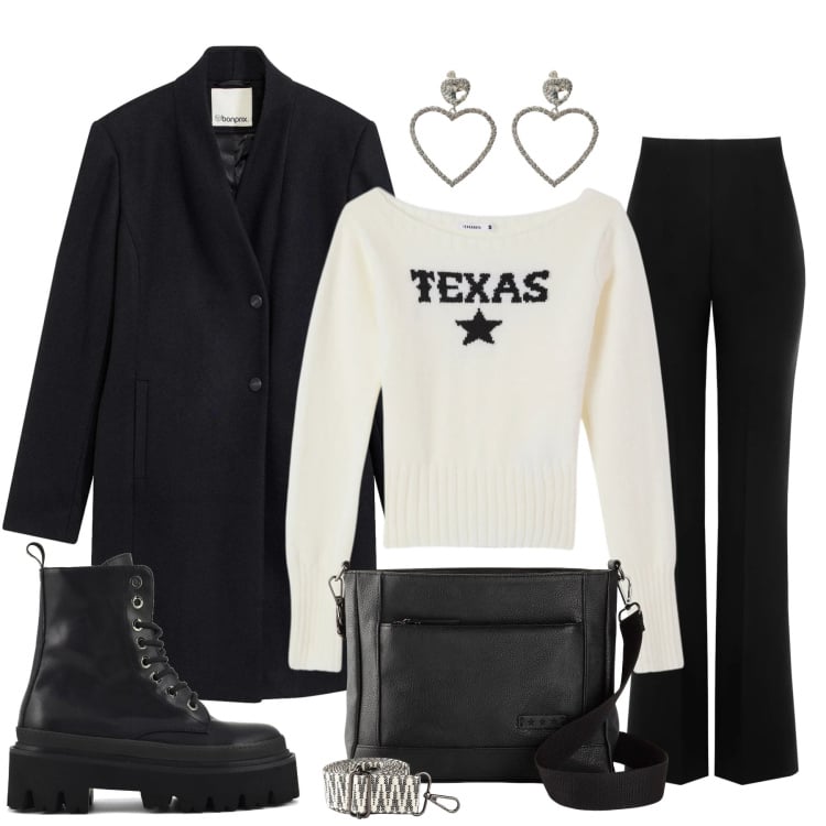 Outfit donna - Black and white. Stile Basic per Tutti i giorni. Abbinamento con borse a tracolla, cappotti, orecchini, maglieria, pantaloni, anfibi.