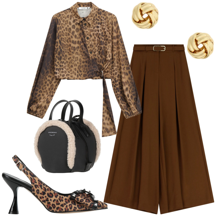 Outfit donna - Femminile. Stile Glamour per Tutti i giorni. Abbinamento con zaini, décolleté, camicie, pantaloni, orecchini.