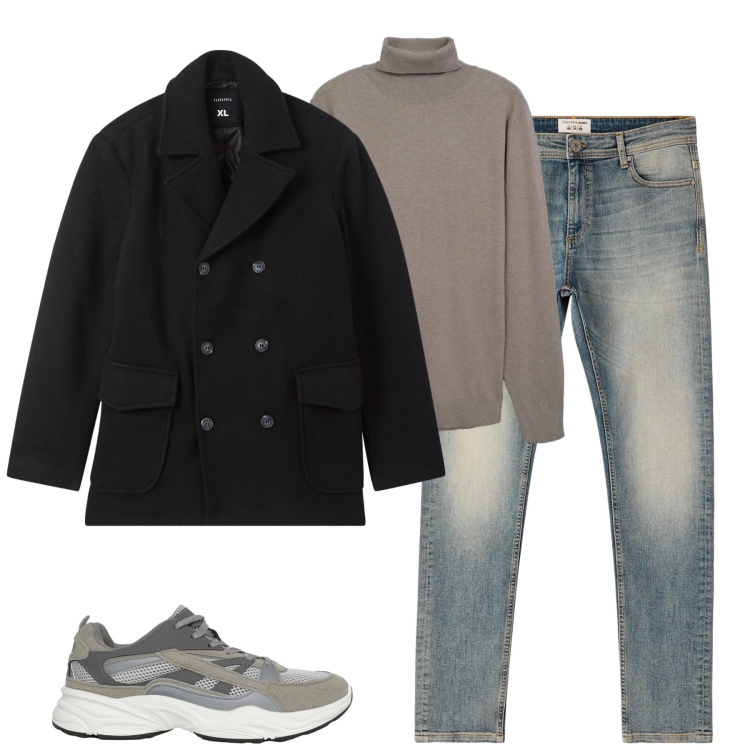 Outfit uomo - Febbraio. Stile Casual per Tutti i giorni. Abbinamento con sneakers, jeans skinny, maglieria, caban.