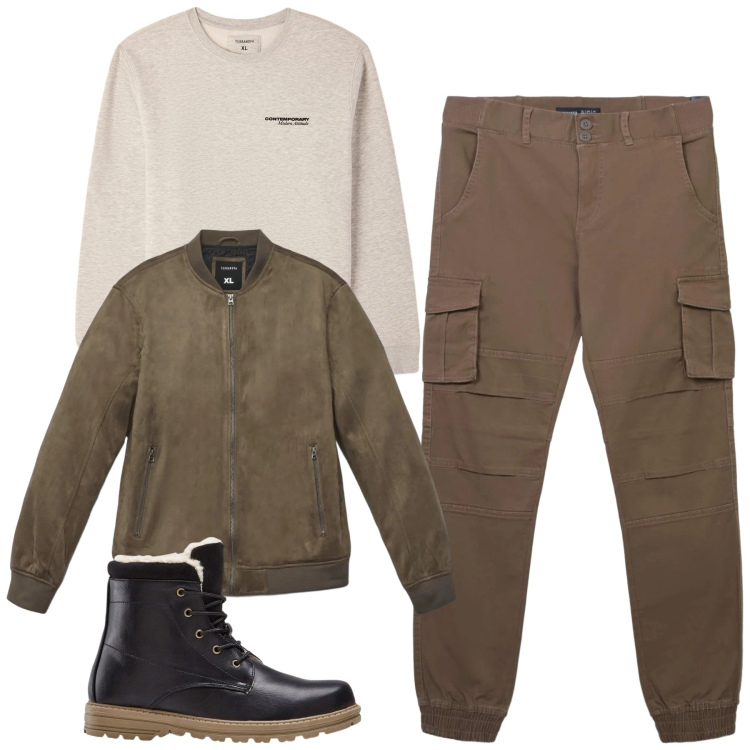 Outfit uomo - Total look #2329624. Stile Casual per Tutti i giorni. Abbinamento con stivali e stivaletti, pantaloni cargo, giacche, felpe.