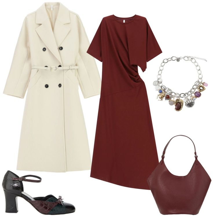 Outfit donna - Borgogna love. Stile Casual chic per Serata fuori. Abbinamento con cappotti, vestiti lunghi, décolleté, braccialetti con ciondoli, borse a spalla.