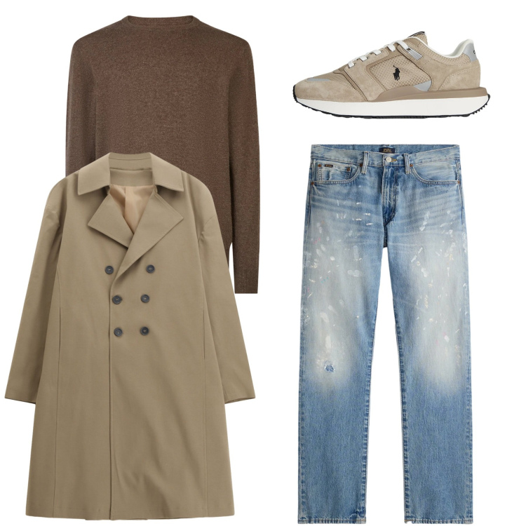 Outfit uomo - Total look casual. Stile Casual per Tutti i giorni. Abbinamento con trench, jeans dritti, sneakers, maglieria.