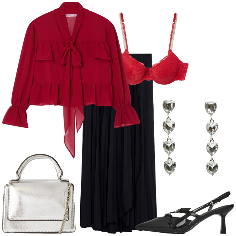 Outfit donna - Terranova - San Valentino. Stile Chic per Serata fuori. Abbinamento con orecchini, gonne lunghe, borse a tracolla, reggiseni a balconcino, camicie, décolleté.