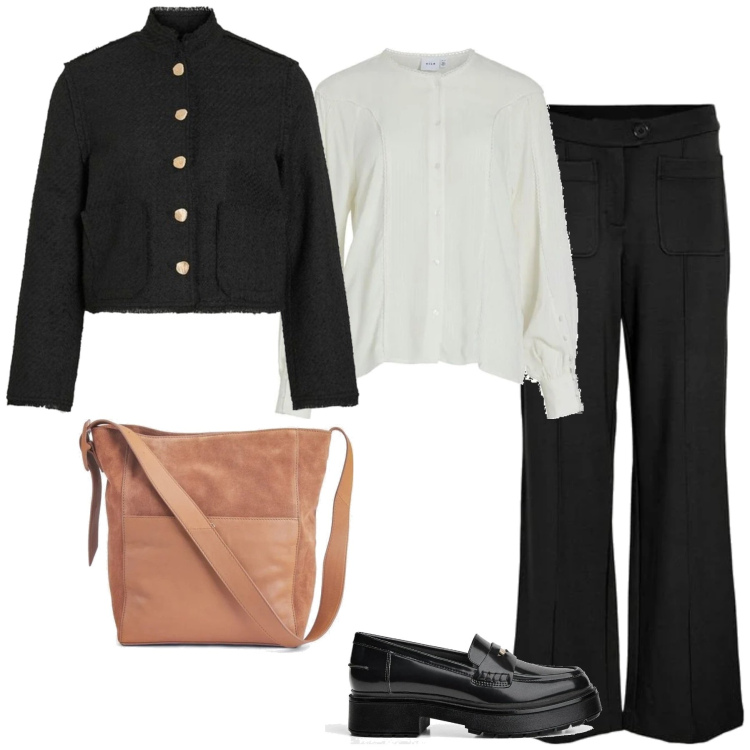 Outfit mujer - Mannish #94. Estilo Mannish para Oficina. Combinación con bolso tote, blusas, mocasines, pantalones, blazers.