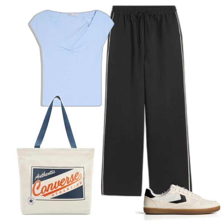 Outfit mujer - Basic #427. Estilo Basic para Todos los días. Combinación con bolso tote, sneakers, pantalones, camiseta.