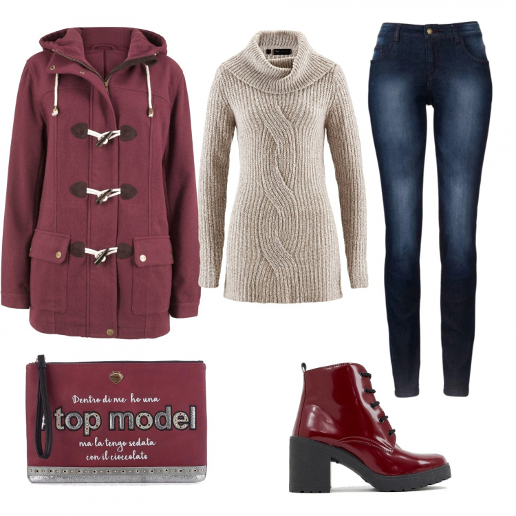Outfit donna - Pomeriggio in giro. Abbinamento con jeans skinny, montgomery con cappuccio rosso, pullover a trecce collo alto grigio e corda, stivaletti con stringhe rosa, pochette.