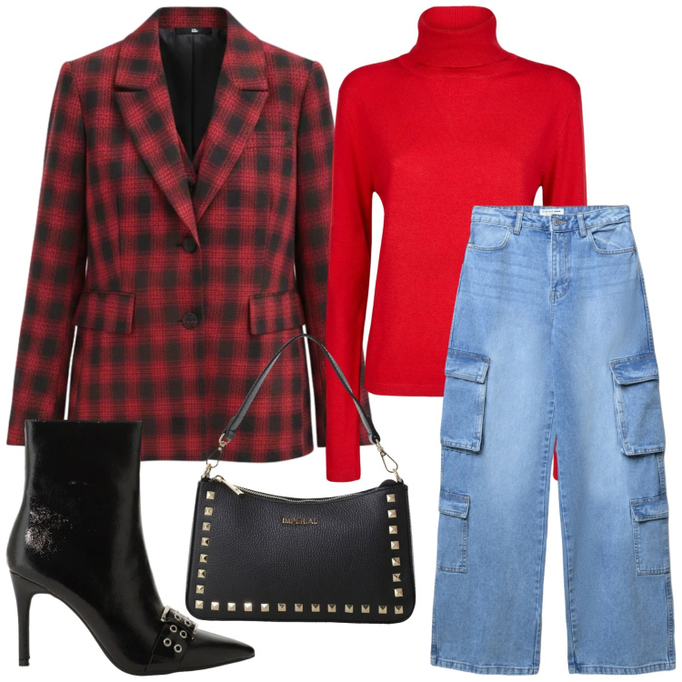 Outfit donna - Rosso Deciso Urbano. Stile Urban per Tutti i giorni. Abbinamento con jeans, cinture, pochette, stivaletti, blazer, maglieria.