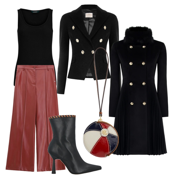 Outfit donna - Serata. Stile Glamour per Serata fuori. Abbinamento con stivaletti, cappotti, blazer, pantaloni, canottiere, pochette.