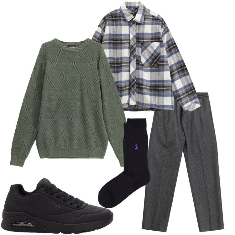 Outfit uomo - Camicia scozzese. Stile Casual per Tutti i giorni. Abbinamento con sneakers, pantaloni, camicie, maglieria, calzini.