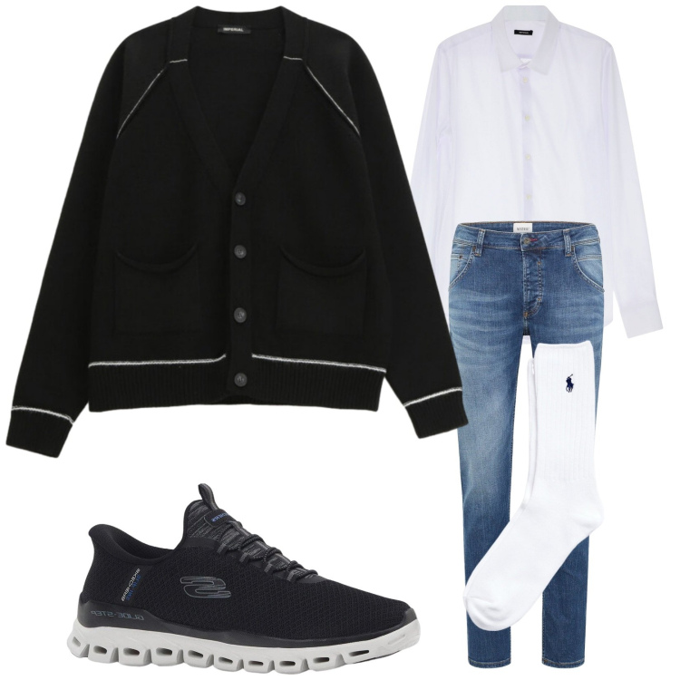 Outfit uomo - Cardigan e jeans. Stile Casual per Tutti i giorni. Abbinamento con sneakers, jeans dritti, cardigans, camicie, calzini.