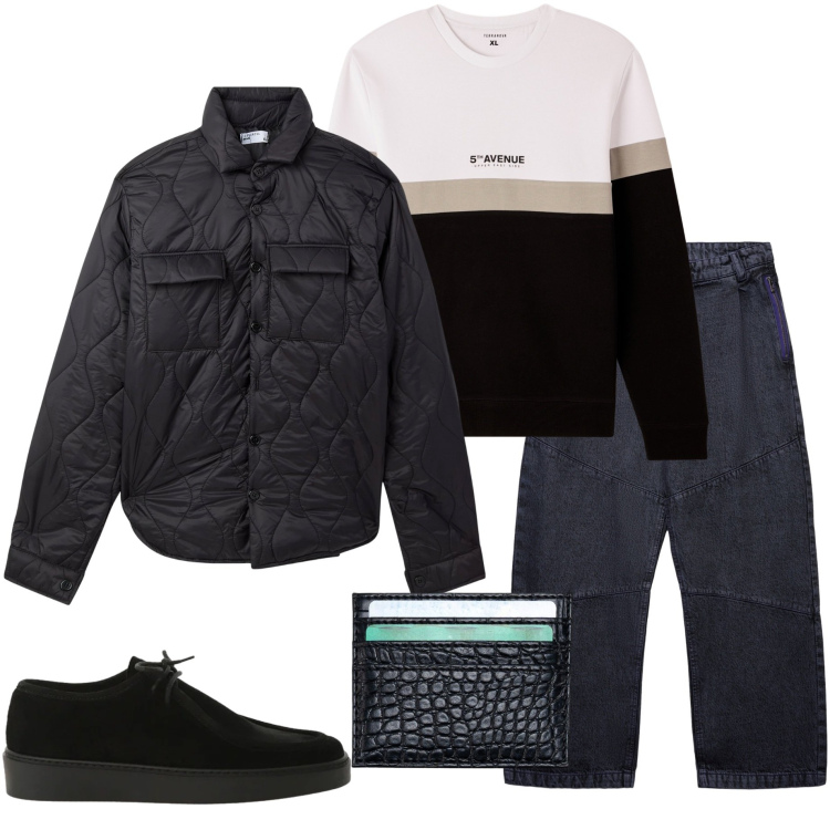 Outfit uomo - Febbraio. Stile Casual per Tutti i giorni. Abbinamento con scarpe stringate, felpe, jeans dritti, giacche, portafogli.