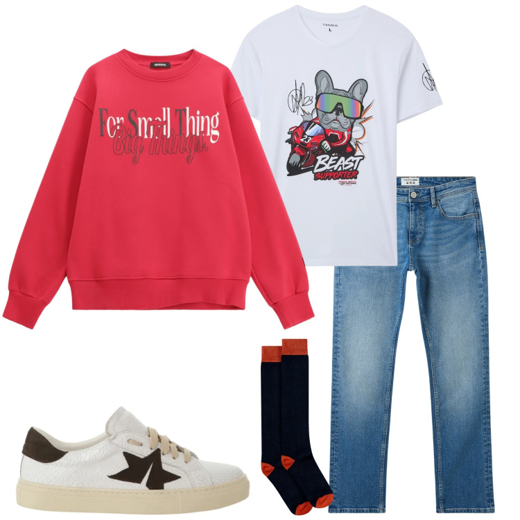 Outfit uomo - Casual a febbraio. Stile Casual per Tutti i giorni. Abbinamento con jeans, t-shirt, felpe, sneakers, calzini.
