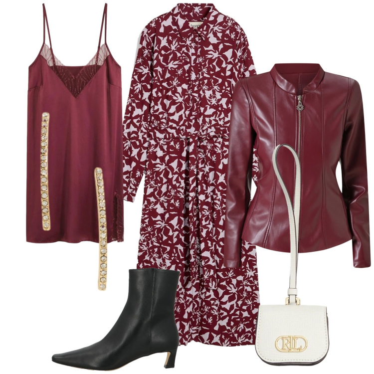 Outfit donna - Io, tu e un Bourgogne. Stile Romantica per Tutti i giorni. Abbinamento con vestiti chemisier, sottovesti, stivaletti, blazer, orecchini, pochette.