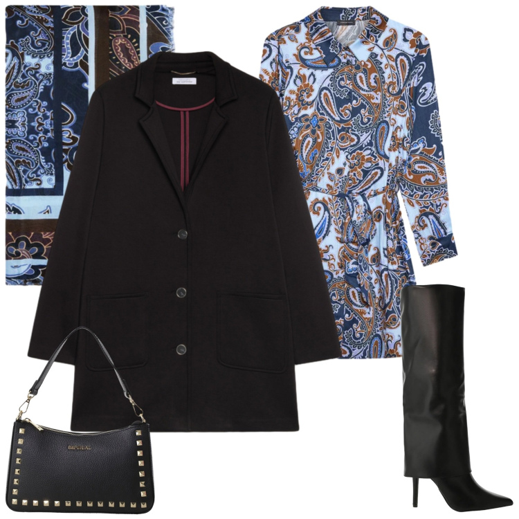 Outfit donna - Abito chemisier. Stile Casual chic per Ufficio. Abbinamento con stivali, pochette, vestiti chemisier, cappotti, foulard.