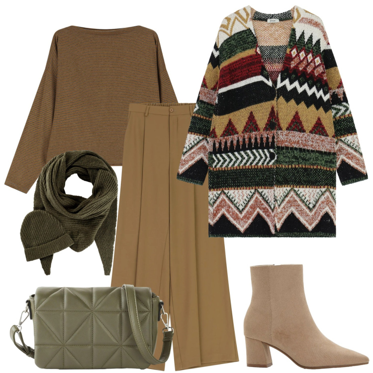 Outfit donna - In città. Stile Glamour per Tutti i giorni. Abbinamento con stivaletti, borse a tracolla, sciarpe, cappotti, maglieria, pantaloni a palazzo.