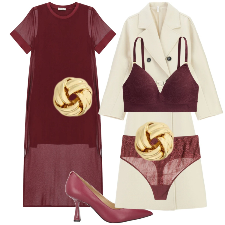 Outfit donna - My fashion a san Valentino. Stile Chic per Serata fuori. Abbinamento con perizomi, décolleté, cappotti, vestiti midi/longuette, reggiseni, orecchini.