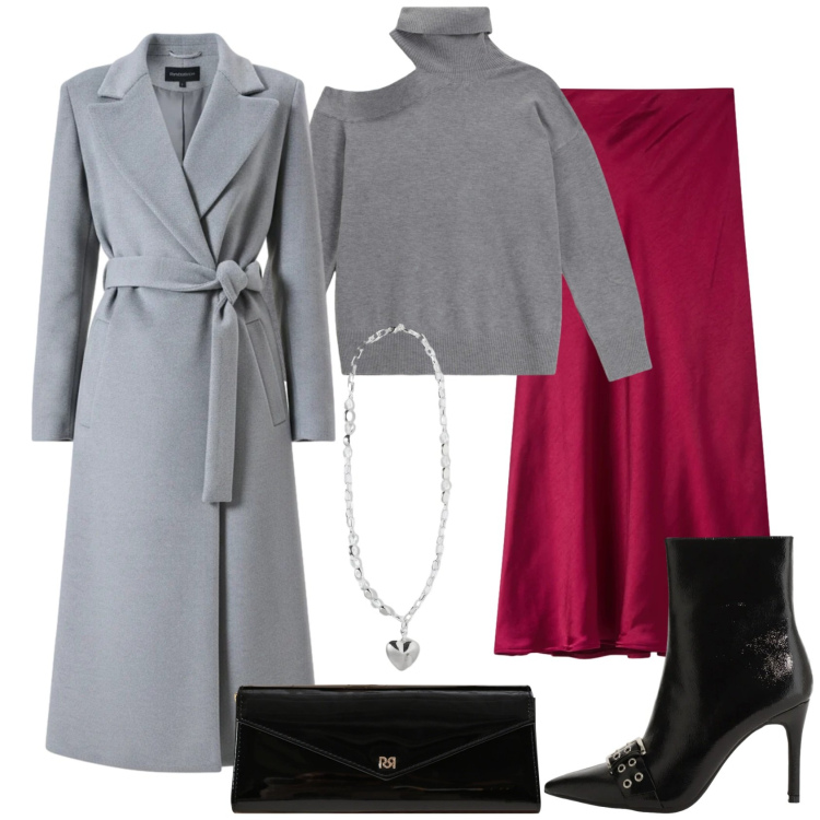 Outfit donna - Un cuore sul petto. Stile Chic per Serata fuori. Abbinamento con maglieria, stivaletti, gonne lunghe, cappotti, pochette, collane.