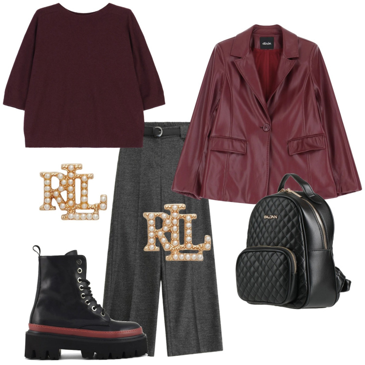 Outfit donna - Venerdì. Stile Trendy per Tutti i giorni. Abbinamento con zaini, maglieria, blazer, pantaloni a palazzo, orecchini, anfibi.