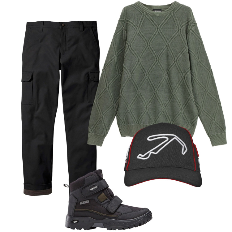 Outfit uomo - Basic. Stile Casual per Tutti i giorni. Abbinamento con stivali e stivaletti, pantaloni cargo, cappelli, maglieria.