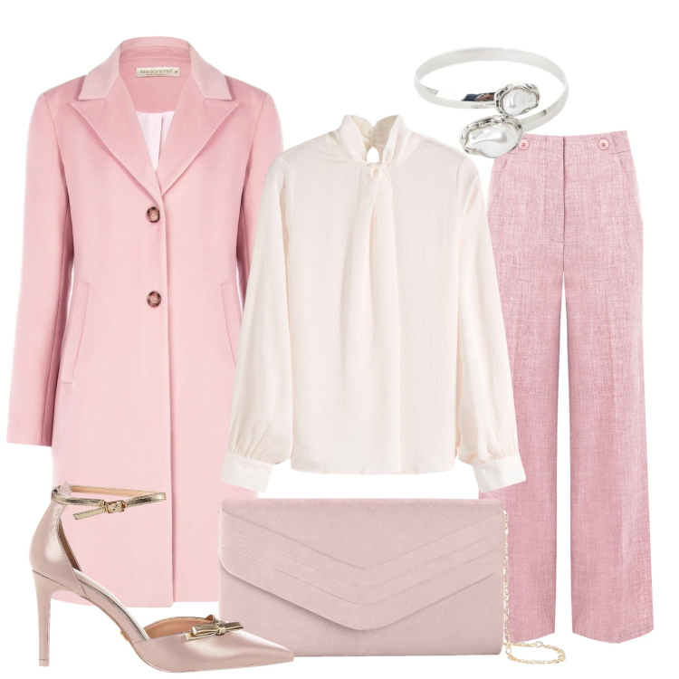 Outfit donna - Il mese dell\' amore. Stile Chic per Tutti i giorni. Abbinamento con bluse, pochette, braccialetti, pantaloni, décolleté, cappotti.