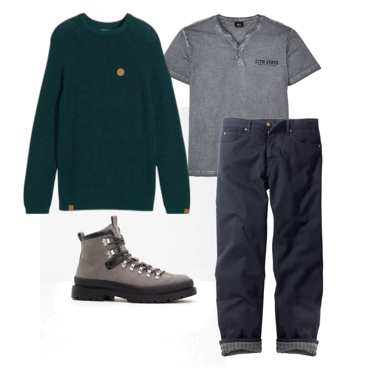 Outfit homme - Février. Style Tendance pour Tous les jours. Assortir avec t-shirts, jean coupe droite, bottes, pulls.