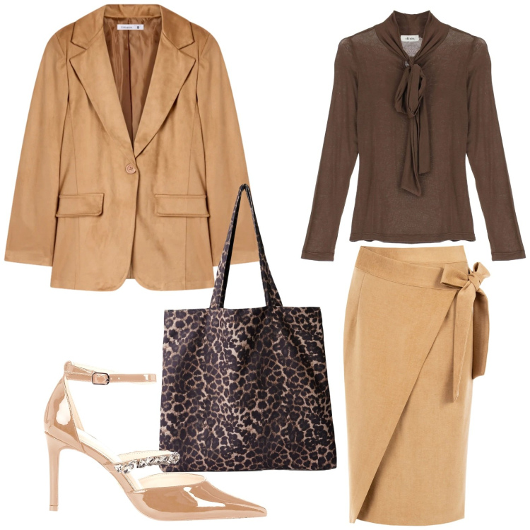 Outfit donna - Cioccolato e crema. Stile Chic per Ufficio. Abbinamento con top, décolleté, gonne longuette, shopping bag, blazer.