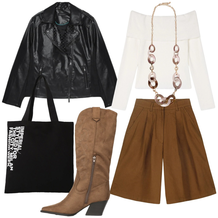 Outfit donna - Gli stivali da rodeo. Stile Casual per Ufficio. Abbinamento con shopping bag, maglieria, stivali, bermuda, collane, giacche.