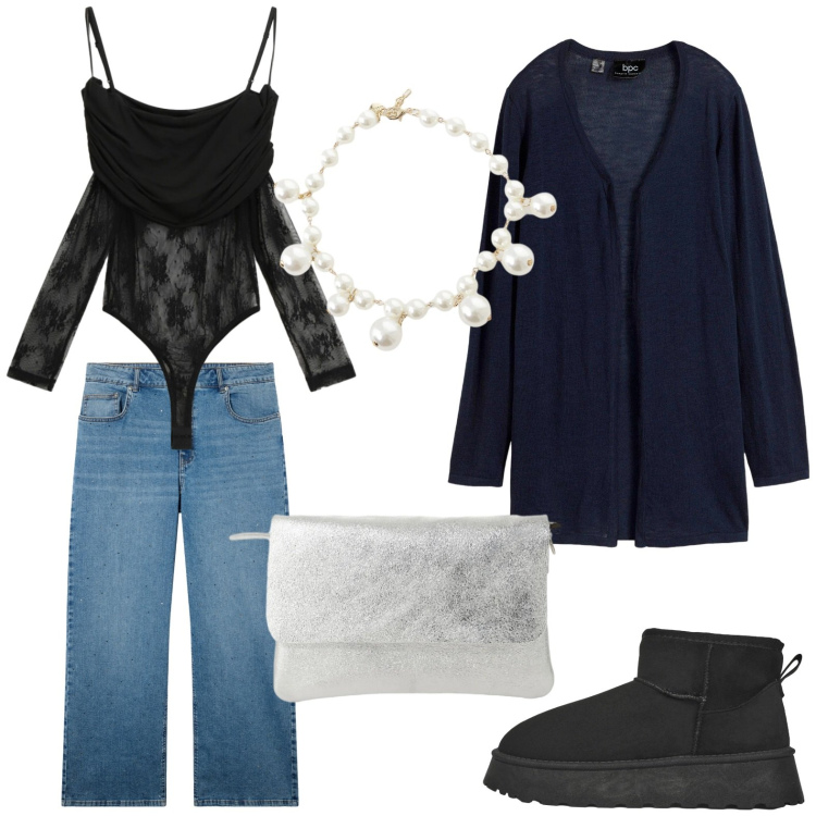 Outfit donna - Il body in pizzo. Stile Minimal per Tutti i giorni. Abbinamento con cardigans, collane, borse a spalla, top, stivaletti, jeans.