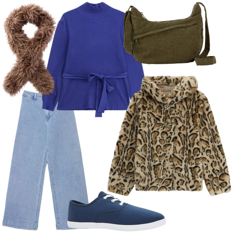 Outfit donna - Il capospalla maculato. Stile Minimal per Scuola/Università. Abbinamento con sneakers, borse a tracolla, maglieria, ecopellicce, sciarpe, jeans.