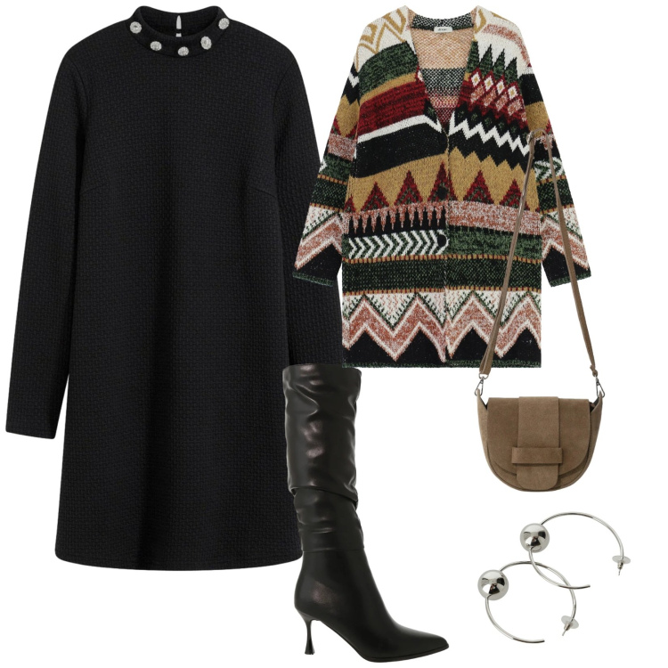 Outfit donna - Oggi così. per Ufficio. Abbinamento con vestiti corti, stivali sopra il ginocchio, cappotti, borse a tracolla, orecchini.