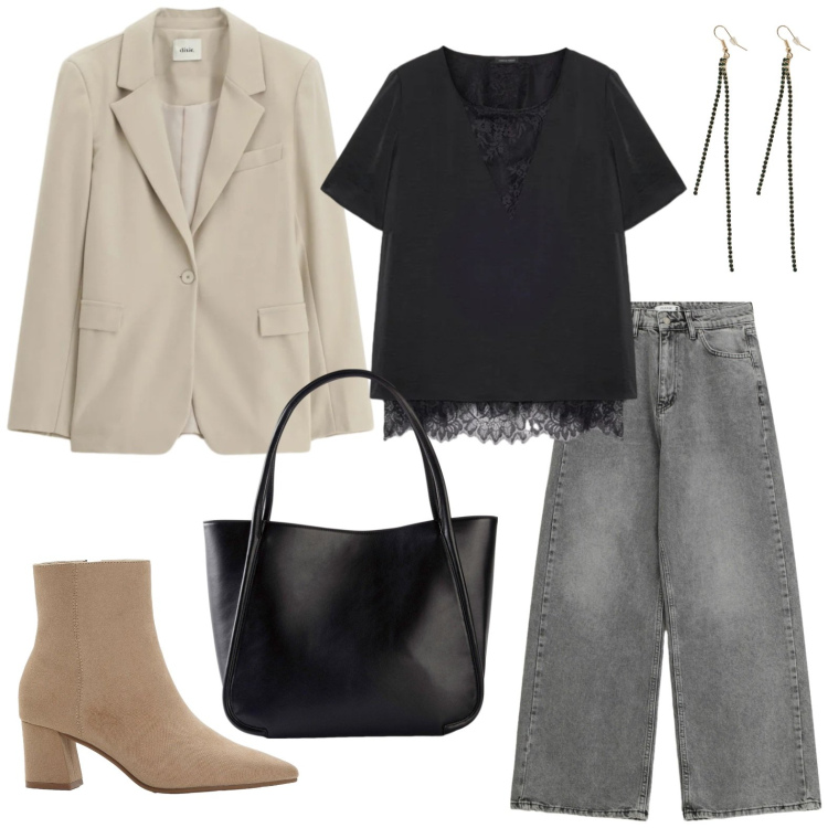 Outfit donna - Orecchini basic. Stile Bon Ton per Ufficio. Abbinamento con shopping bag, stivaletti, orecchini, blazer, jeans, bluse.