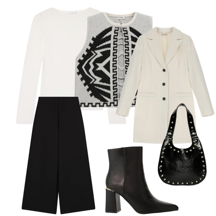 Outfit donna - Bianco e nero. per Tutti i giorni. Abbinamento con stivaletti, gilet, pantaloni culotte, t-shirt, cappotti, borse a spalla.
