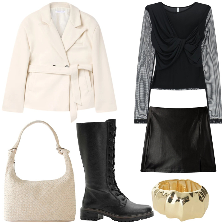 Outfit donna - Il bracciale oro. Stile Glamour per Serata fuori. Abbinamento con shopping bag, stivali, minigonne, blazer, top, braccialetti.