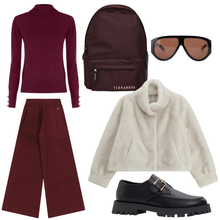 Outfit donna - Eleganza urbana. Stile Casual per Tutti i giorni. Abbinamento con mocassini, occhiali da sole, ecopellicce, pullovers, zaini, pantaloni a palazzo.