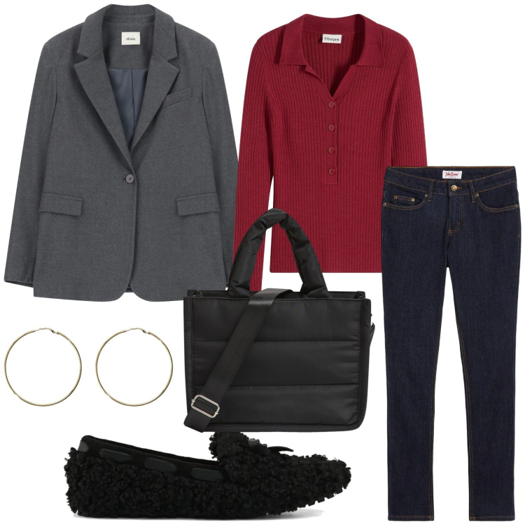 Outfit donna - Mocassini rivisitati. Stile Casual per Ufficio. Abbinamento con jeans skinny, maglieria, blazer, orecchini, shopping bag, mocassini.