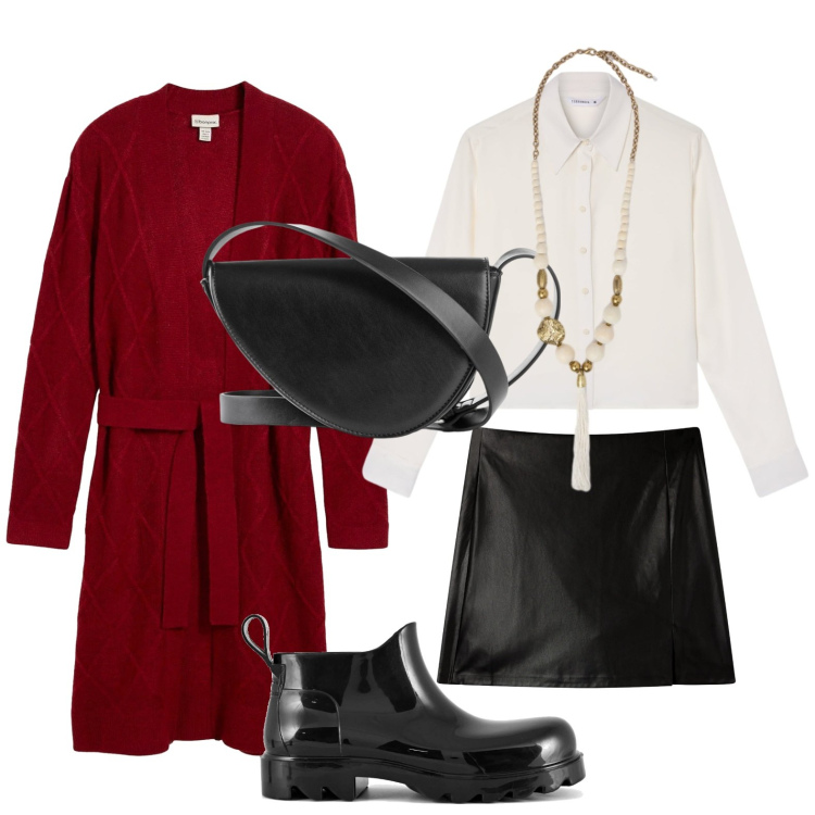Outfit donna - Il cardigan wine. Stile Minimal per Tutti i giorni. Abbinamento con cardigans, borse a tracolla, camicie, minigonne, stivali, ciondoli.