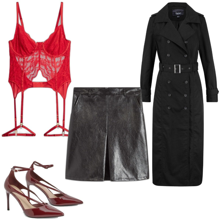 Outfit femme - Saint Valentin. Style Sexy pour Soirée dehors. Assortir avec jupes, imperméable, hauts, chaussures à talon.