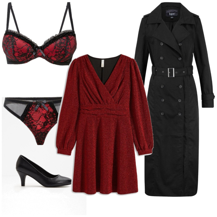 Outfit femme - Basique #440. Style Basique pour Soirée dehors. Assortir avec robes courtes, soutiens-gorge, imperméable, chaussures à talon.