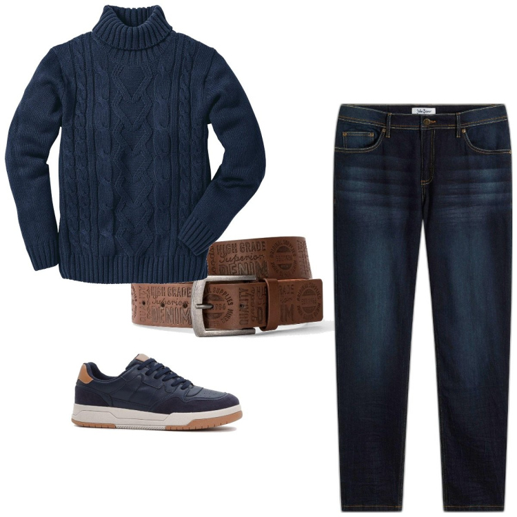 Outfit homme - Marine glacé. Style Tendance pour Tous les jours. Assortir avec jean slim, pulls, ceintures, sneakers.