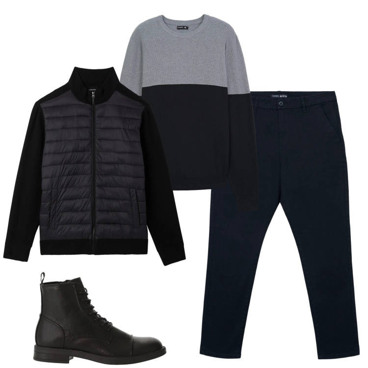 Outfit uomo - Febbraio. Stile Urban per Tutti i giorni. Abbinamento con pantaloni chino, maglieria, piumini, anfibi.