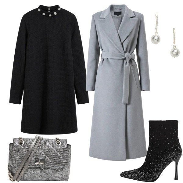 Outfit donna - a cena con amici. Stile Chic per Serata fuori. Abbinamento con vestiti corti, stivaletti, borse a tracolla, cappotti, orecchini.