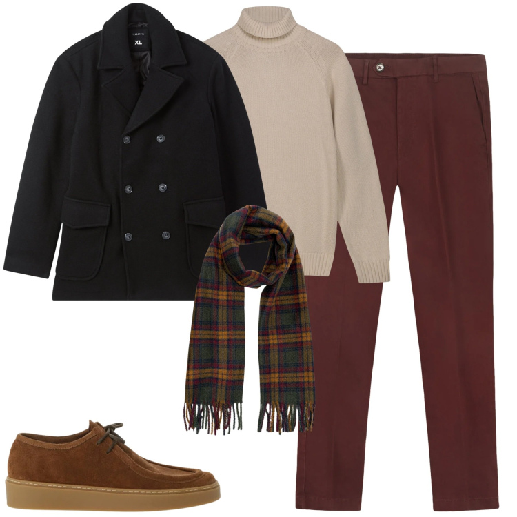 Outfit uomo - Febbraio. Stile Urban per Tutti i giorni. Abbinamento con scarpe stringate, caban, pullovers, sciarpe, pantaloni chino.