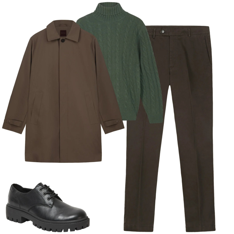 Outfit uomo - City. Stile Urban per Tutti i giorni. Abbinamento con scarpe stringate, pantaloni chino, trench, maglieria.