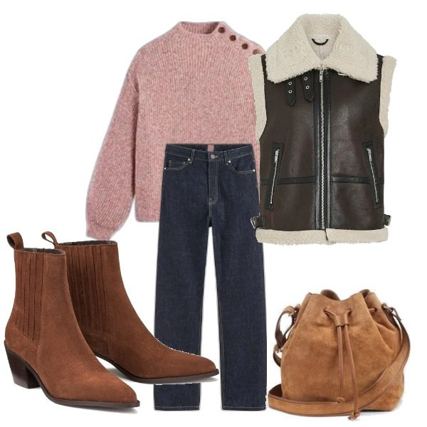 Outfit mujer - Look casual. Estilo Casual para Todos los días. Combinación con botas cowboy, chalecos, bolsos saco, prendas de punto, vaqueros rectos.