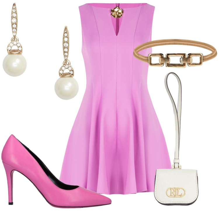 Outfit donna - Febbraio in rosa. Stile Romantica per Serata fuori. Abbinamento con décolleté, vestiti corti, cinture, orecchini, pochette.