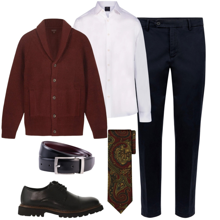 Outfit uomo - In ufficio. Stile Business/Elegante per Ufficio. Abbinamento con scarpe stringate, pantaloni chino, cardigans, camicie, cravatte, cinture.