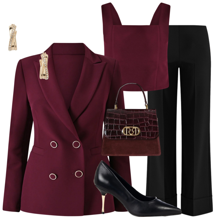 Outfit donna - Burgundy. Stile Chic per Tutti i giorni. Abbinamento con top, pantaloni a palazzo, blazer, borse a mano, décolleté, orecchini.