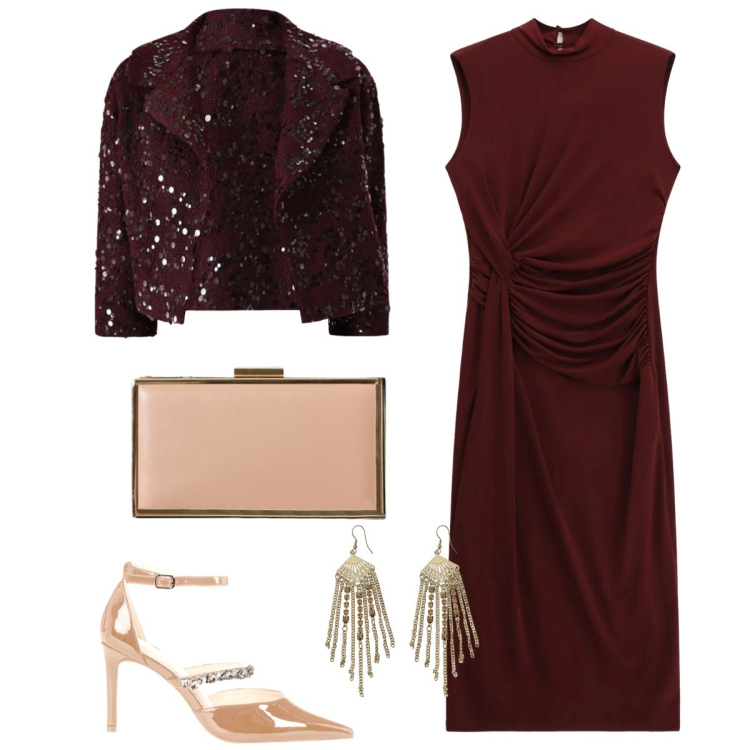 Outfit donna - Total look #2330222. Stile Glamour per Serata fuori. Abbinamento con vestiti midi/longuette, pochette, bolero, décolleté, orecchini.