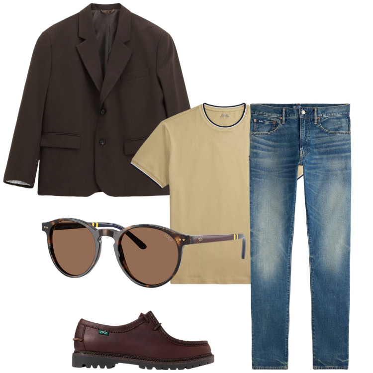 Outfit uomo - Total look #2330230. Stile Trendy per Tutti i giorni. Abbinamento con giacche, scarpe stringate, occhiali da sole, jeans, t-shirt.